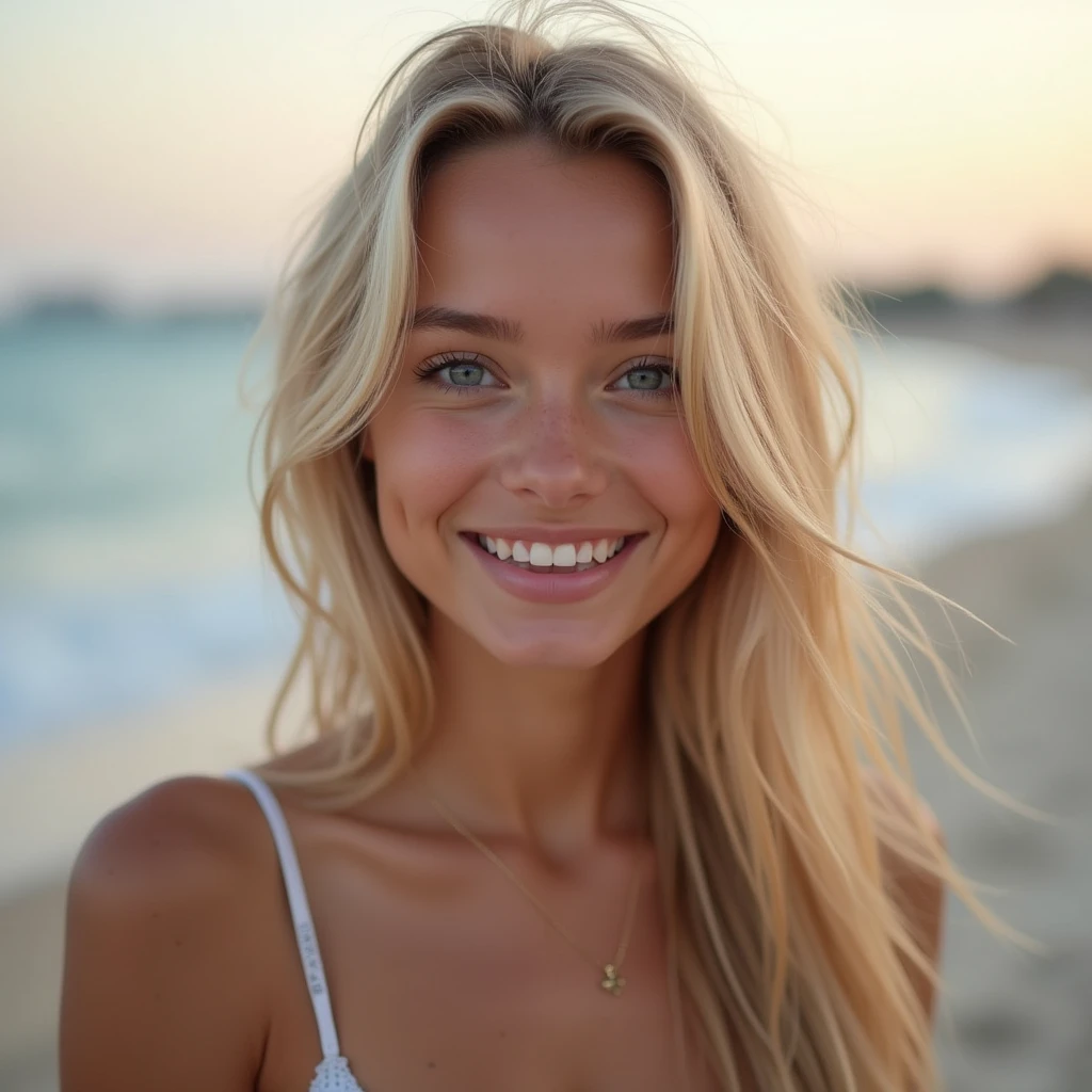 A beautiful girl，18 years old，blonde，European and American，Facing the camera，Half-length photo，Background is the beach，noon