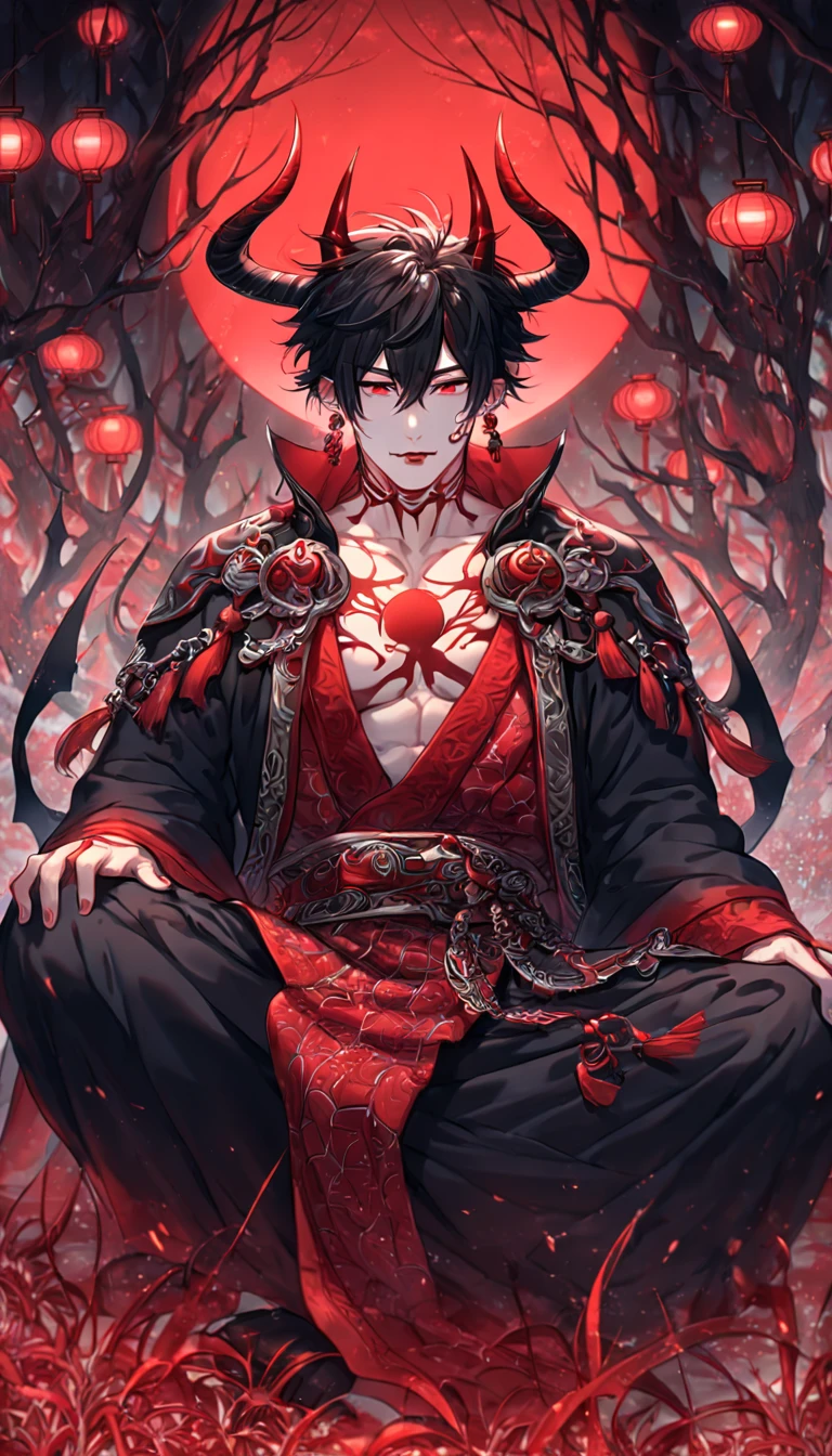 absurdres, highres, ultra detailed, HDR, master piece, best quality, extremely detailed face, delicated features, Xue Yu, untamed spiky hair, black hair, hair between the eyes, short hair,expressive red eyes, Thousand Years War, solo, sexy man sitting, manly man, adult face, handsome, demon, horns, slightly poited ears, showing the chest, black haori, red fantasy robes, accessories, spider lilies patterns, red moon, red blood water, fantasy, magic, envy magical, red trees, forest, red dust, red lanterns, red fire, red floating round lights, Jujutsu Kaisen
