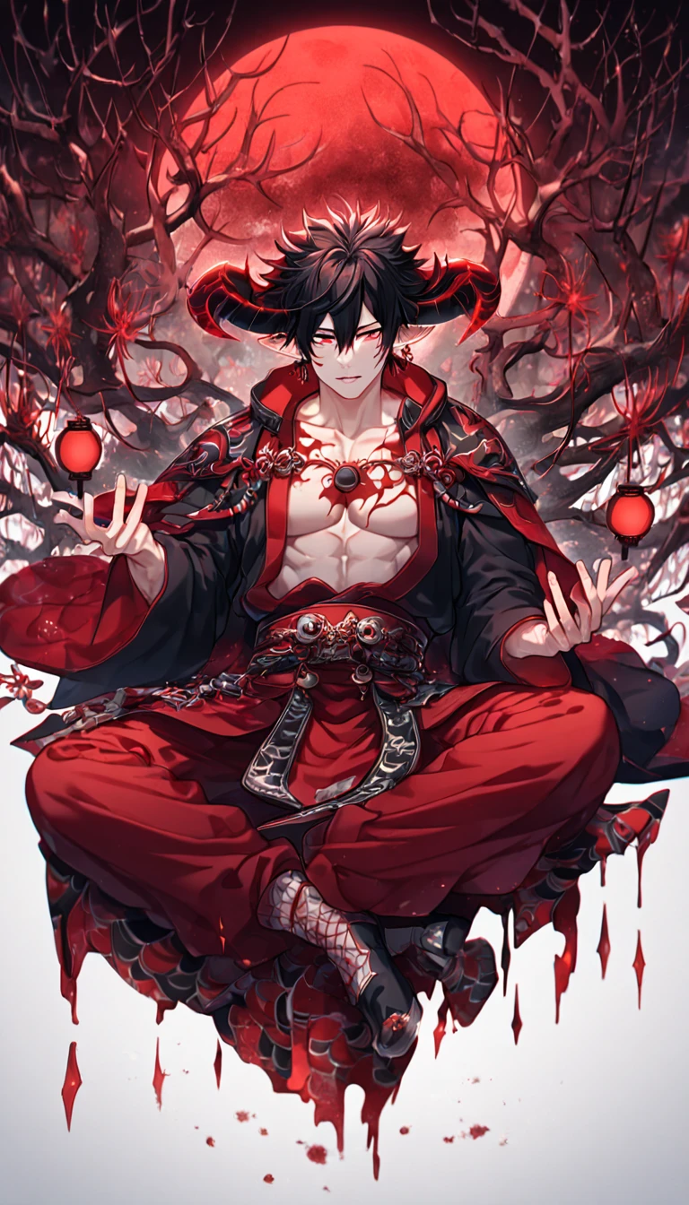 absurdres, highres, ultra detailed, HDR, master piece, best quality, extremely detailed face, delicated features, Xue Yu, untamed spiky hair, black hair, hair between the eyes, short hair,expressive red eyes, Thousand Years War, solo, sexy man sitting, manly man, adult face, handsome, demon, horns, slightly poited ears, showing the chest, black haori, red fantasy robes, accessories, spider lilies patterns, red moon, red blood water, fantasy, magic, envy magical, red trees, forest, red dust, red lanterns, red fire, red floating round lights, Jujutsu Kaisen