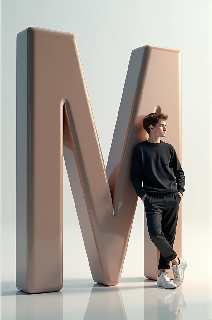 @🐸🔪!! টুনির জামাই!!🔪🐸:@Ariyan Emon:Create an image featuring a large, glossy, “m” 3D letter in the foreground with a boy leaning casually against it. The person should be dressed in stylish, monochromatic clothing and have