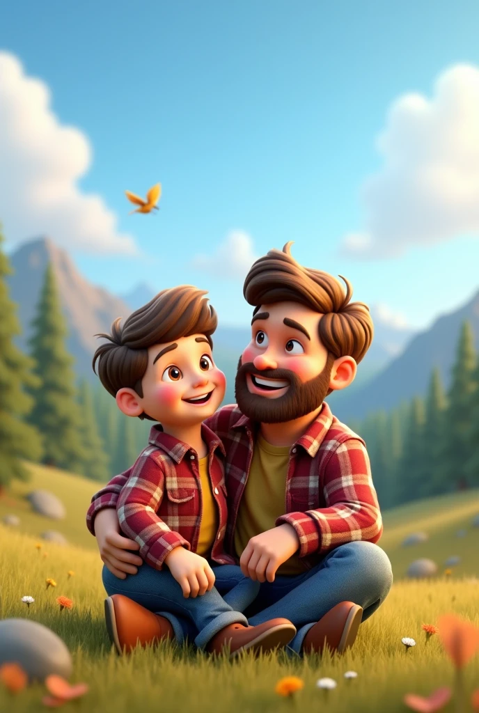 3D cartoon image of a country father and son sitting in a plaid shirt