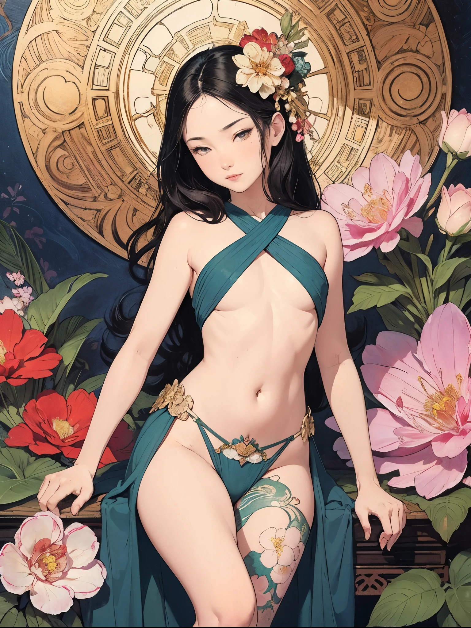 Naked Summer, Full Tattoo, (Masterpiece, Top Quality, Best Quality, Official Art, Beautiful and aesthetic: 1.2), (1 flower), full body, Extremely Detailed, (Fractal Art: 1.3), Colorful, More Detailed , "Best Quality", "Masterpiece, Sakimichan-style art, slight smile, legs open, pubic hair view, 1 sexy girl in transparent forest clothing, exposed breasts, open transparent T-shirt, Mandala and flower tattoos, Best Quality ,black hair fused with platinum and gold, naked girl, visible beautiful pubic area, pink pesons, small breasts in sight, water pond in the garden, mandala and flower tattoos on the naked body, old floating clock, lamp, lantern , skin wet with water, bed floating in pond, beautiful girl lying on bed, fantasy, view from above, open legs,