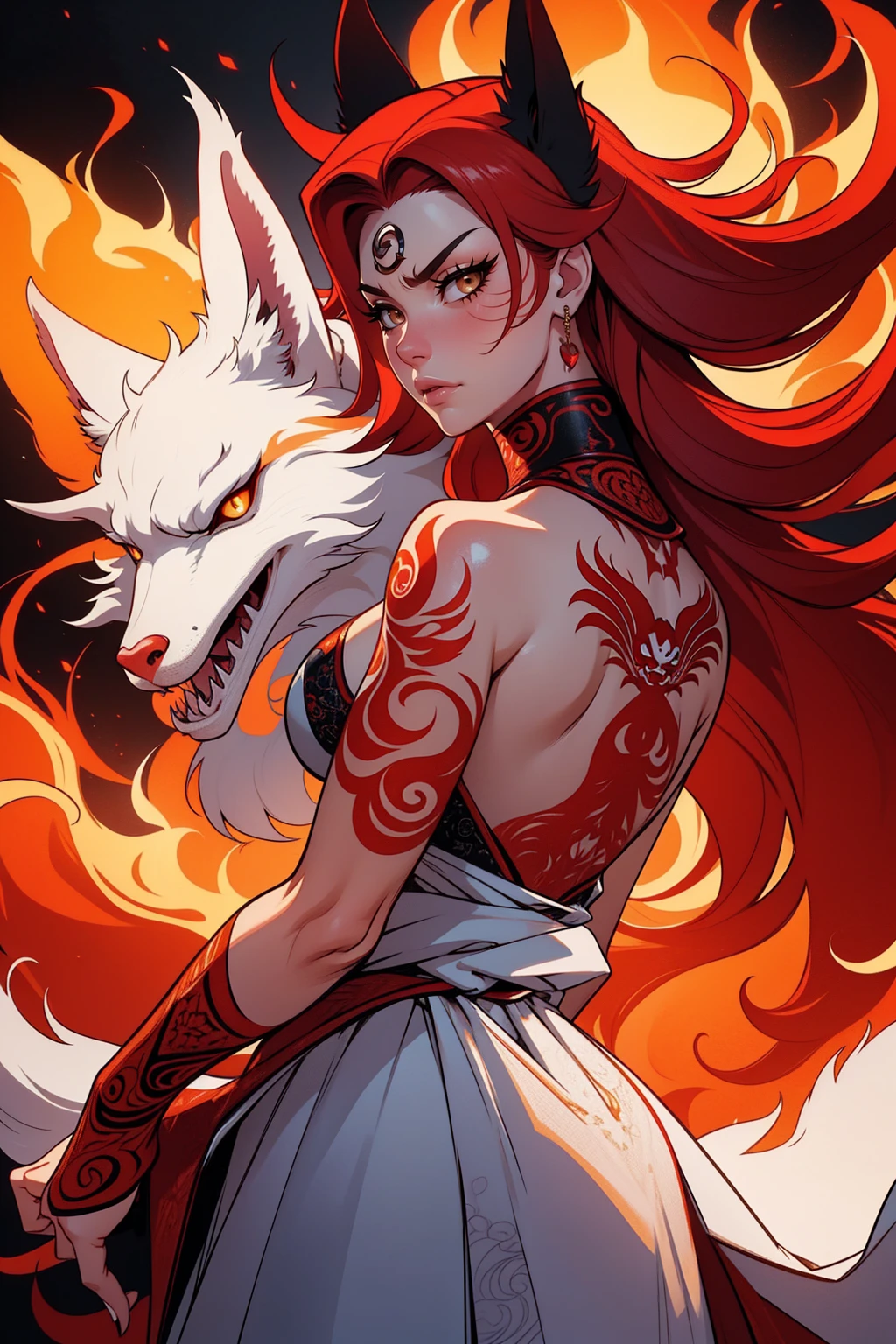 REALISTIC VISION 1.4, BETTER VAE,sharp focus, ultra detail, 32k,realistic photo, intricate details, kitsune, red hair, (red hair), orange eyes, intricate details ,woman, nine tails, intricate details,intricate details,big , Voluptuous body, intricate details, Miko, clothes long white dress with red details intricate details, tattoos intricate details, upper body body, with a orange nine tails fox , kiuubi (kurama, naruto), angry face, walking , on attack, backwards, looking back