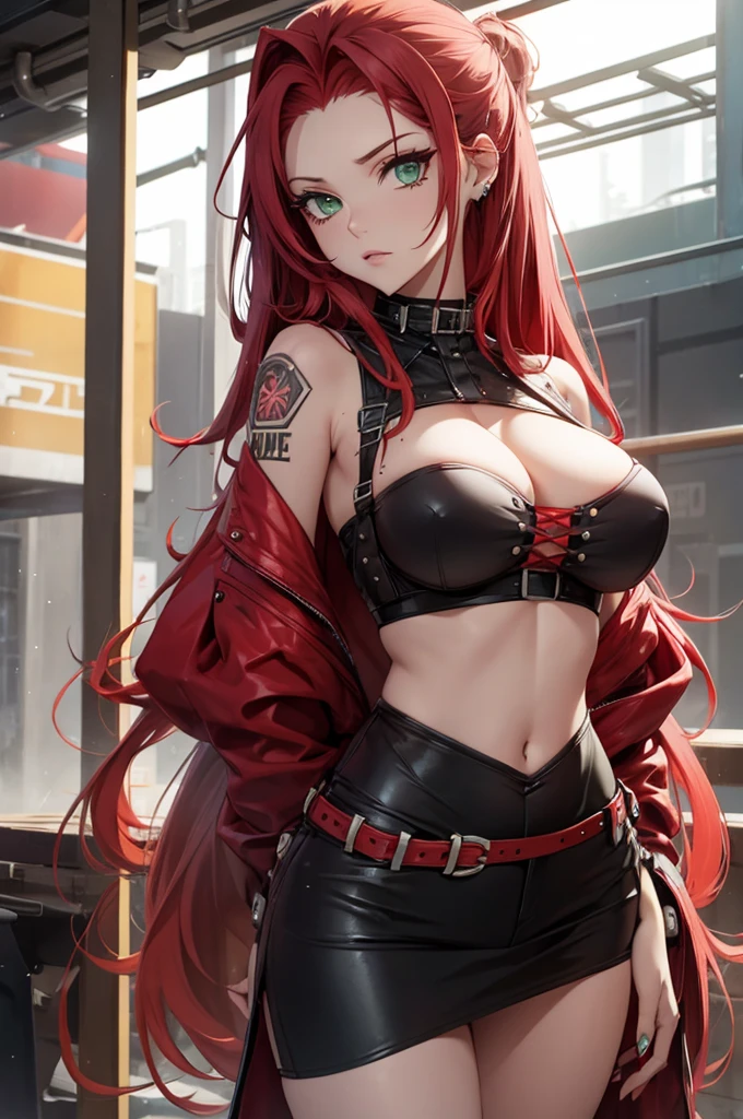 Woman punk long red hair green eyes big breast ruins