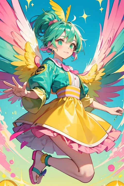 Kazoo is a girl duck with a turquoise head, multicolored feathers with the colors green, yellow, and pink, an orange beak and feet, and pink wings and cheeks. SPARKLE; GLITTER
