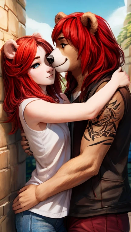 A girl with red hair and a tattoo hugs a bear