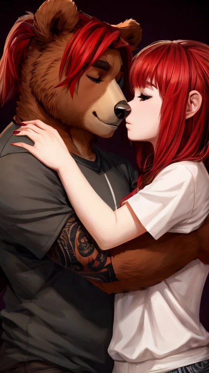 A girl with red hair and a tattoo hugs a bear