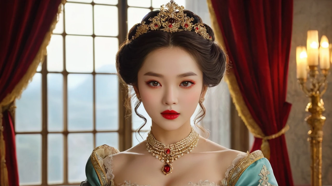 (high resolution,masterpiece:1.2),(Practical:1.37)18th Century Vampire Girl Beauty. She has charming red eyes and delicate red lips. long fangs, This portrait is very detailed.，Even the smallest details are carefully drawn., Capture the nuances of her facial features. She was wearing a beautiful silk gown., 饰有Exquisite的蕾丝和Exquisite的刺绣. This painting tells about the luxury of the time., Luxurious velvet curtains and golden furniture in the background. Soft and diffuse light, Highlight Girl&#39;grace美丽. The colors are vivid and rich, Create engaging visual experiences. This portrait is in the style of a classical portrait.., Reminiscent of the works of famous artists of the time. 散发着grace气息, grace, Exquisite. Sharp long claws, (Crimson eyes:1.4), Fiery eyes, (Sharp fangs can be seen through the lip gap:1.8), There are bite marks on the neck.２There are two holes