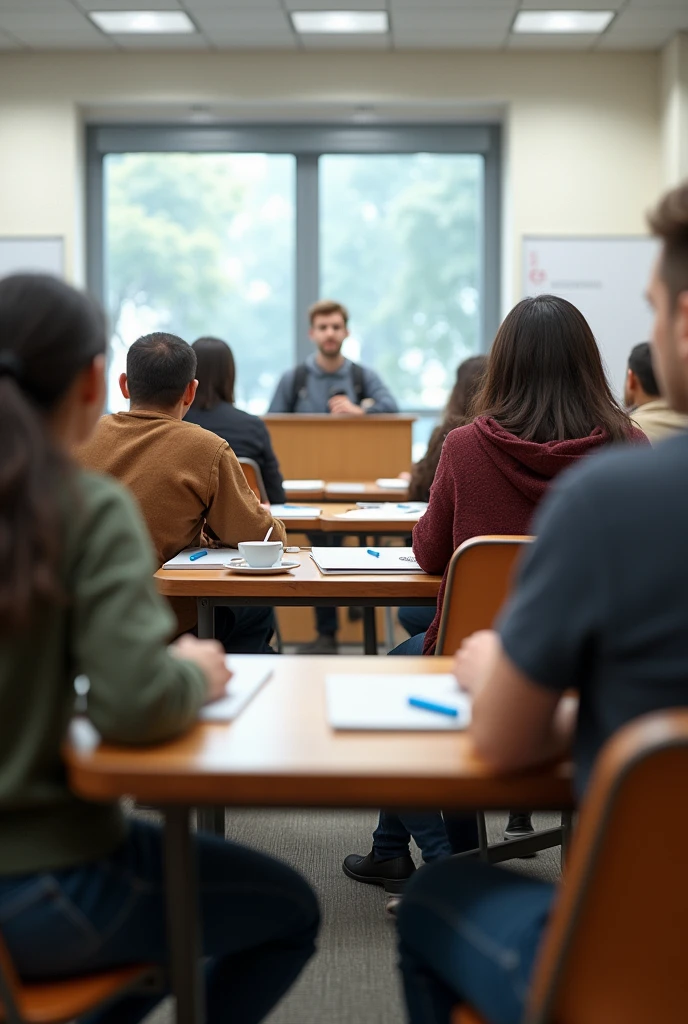 create an image of college students sit in desks in class .