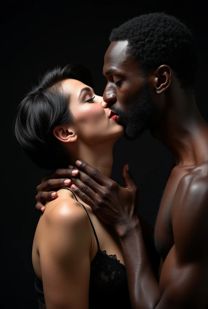 beautiful MATURE white euro woman in her sixties, charming Catholic with short black hair,with clothes lace underwear , with a
thug hairy giant black man puting your hand in her throat with violence
from behind and kissing her face , on black background, 8k,, red lips, blood coming out of her mouth