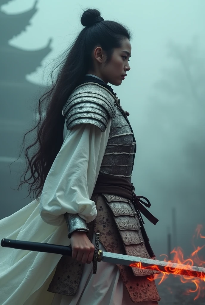 Feudal female samurai with long hair wearing translucent White intricate designed armor Wielding sword coming Out of the Fog wearing a partially burning and Red glowing detailed outworn silver Armor, atmospheric haze, Film grain, cinematic film still, shallow depth of field, highly detailed, high budget, cinemascope, moody, epic, OverallDetail, gorgeous, 2000s vintage RAW photo, photorealistic, candid camera, color graded cinematic, eye catchlights, atmospheric lighting, skin pores, imperfections, natural, shallow dof, deep blacks, high monochrome contrast,