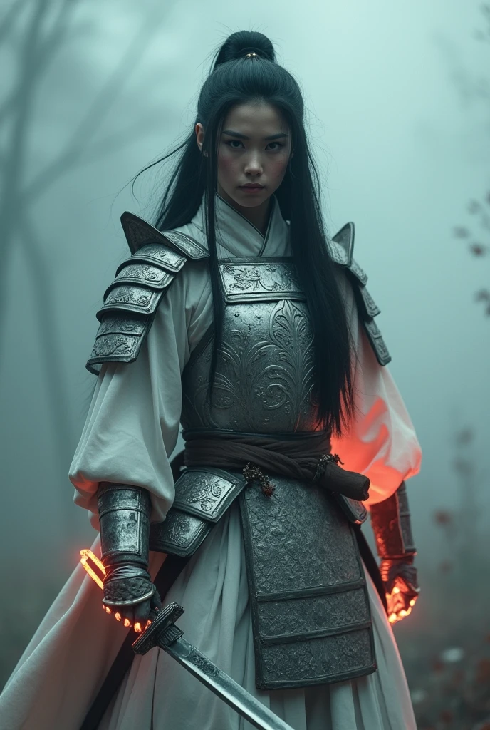 Feudal female samurai with long hair wearing translucent White intricate designed armor Wielding sword coming Out of the Fog wearing a partially burning and Red glowing detailed outworn silver Armor, atmospheric haze, Film grain, cinematic film still, shallow depth of field, highly detailed, high budget, cinemascope, moody, epic, OverallDetail, gorgeous, 2000s vintage RAW photo, photorealistic, candid camera, color graded cinematic, eye catchlights, atmospheric lighting, skin pores, imperfections, natural, shallow dof, deep blacks, high monochrome contrast,