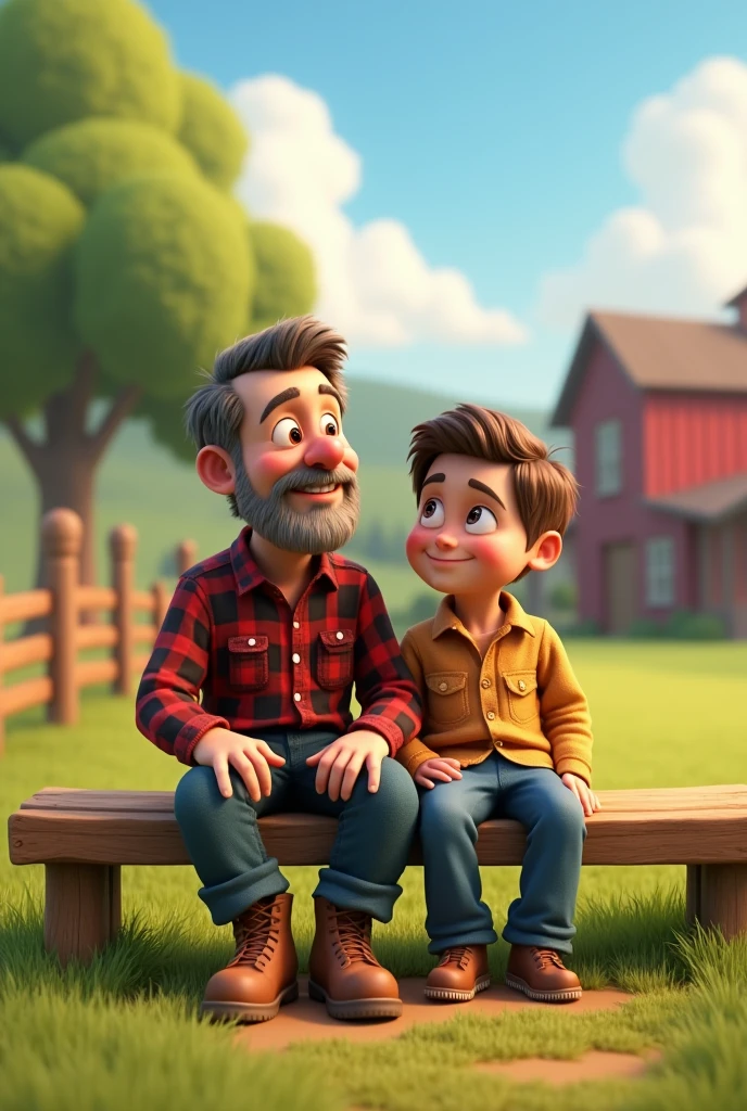 3D cartoon image of a country father and son sitting in a plaid shirt