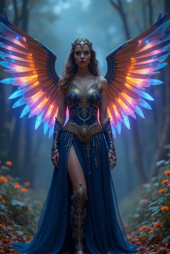 In this awe-inspiring 24k cinematic portrait, we find a captivating and statuesque woman standing proudly amidst an enchanting, mystical atmosphere. Emanating power and elegance, she wears an alluring ensemble that seamlessly blends ancient warrior attire with modern armor. Her midnight blue outfit is exquisitely embellished with deep gold and iridescent silver embroidery, showcasing celestial patterns that shimmer and sparkle in harmony with her every movement. The focal point of her attire is a pair of awe-inspiring falcon wings on her back, intricately detailed with a vibrant kaleidoscope of colors. These wings emit an ethereal glow, transitioning from mesmerizing sapphire to electric violet and finally to luminous gold, creating a visually stunning,