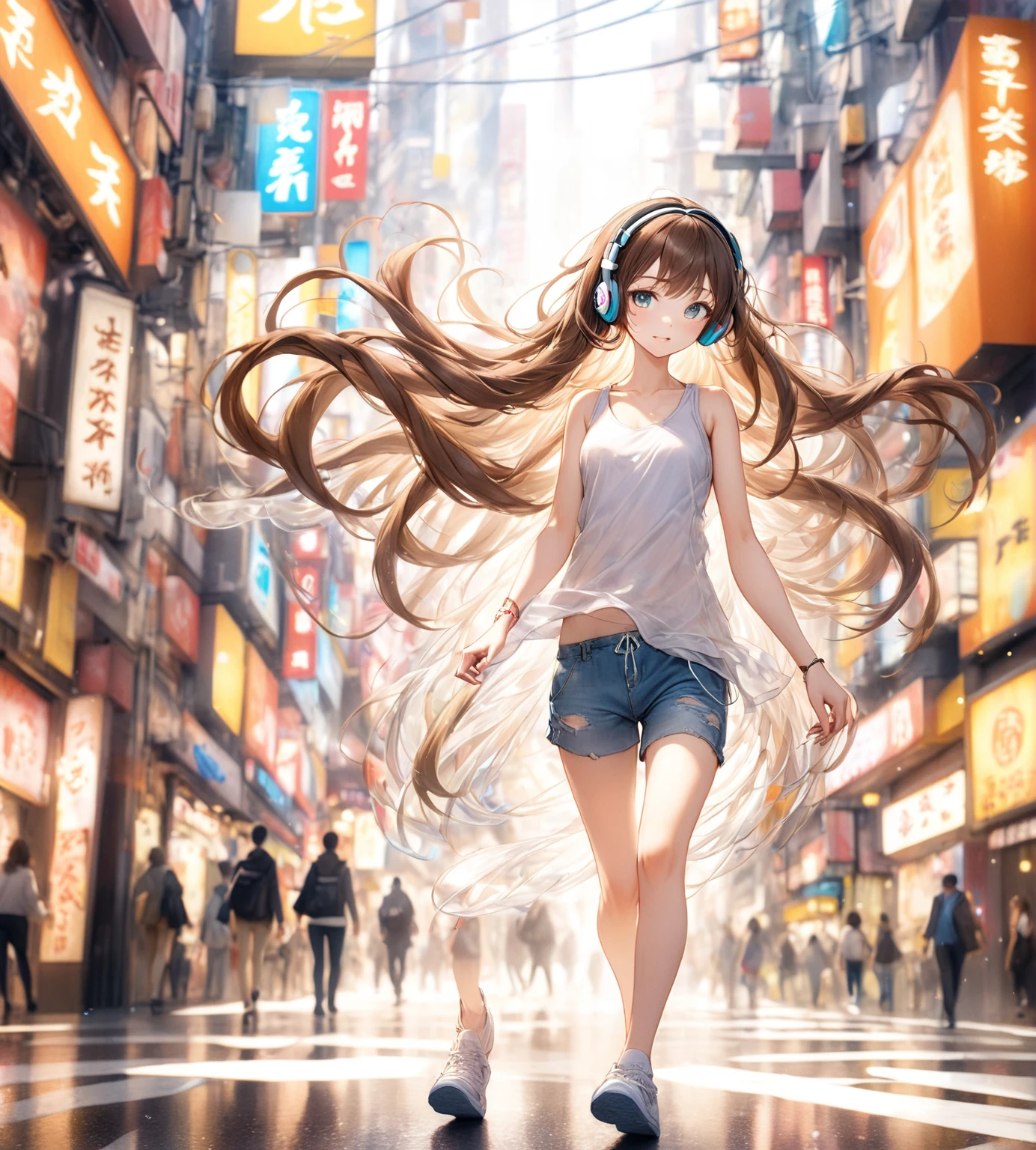 (Highest quality,8k,32K,masterpiece,Ultra-high resolution :1.2 ),born,One girl,Super cute,Natural light,Clear, shining eyes,20-year-old,Fair skin,A fantasy background of a Japanese Shibuya-esque electronic world,Brown Hair,Long Hair,Tank top,headphone,Walking,Her hair is fluttering