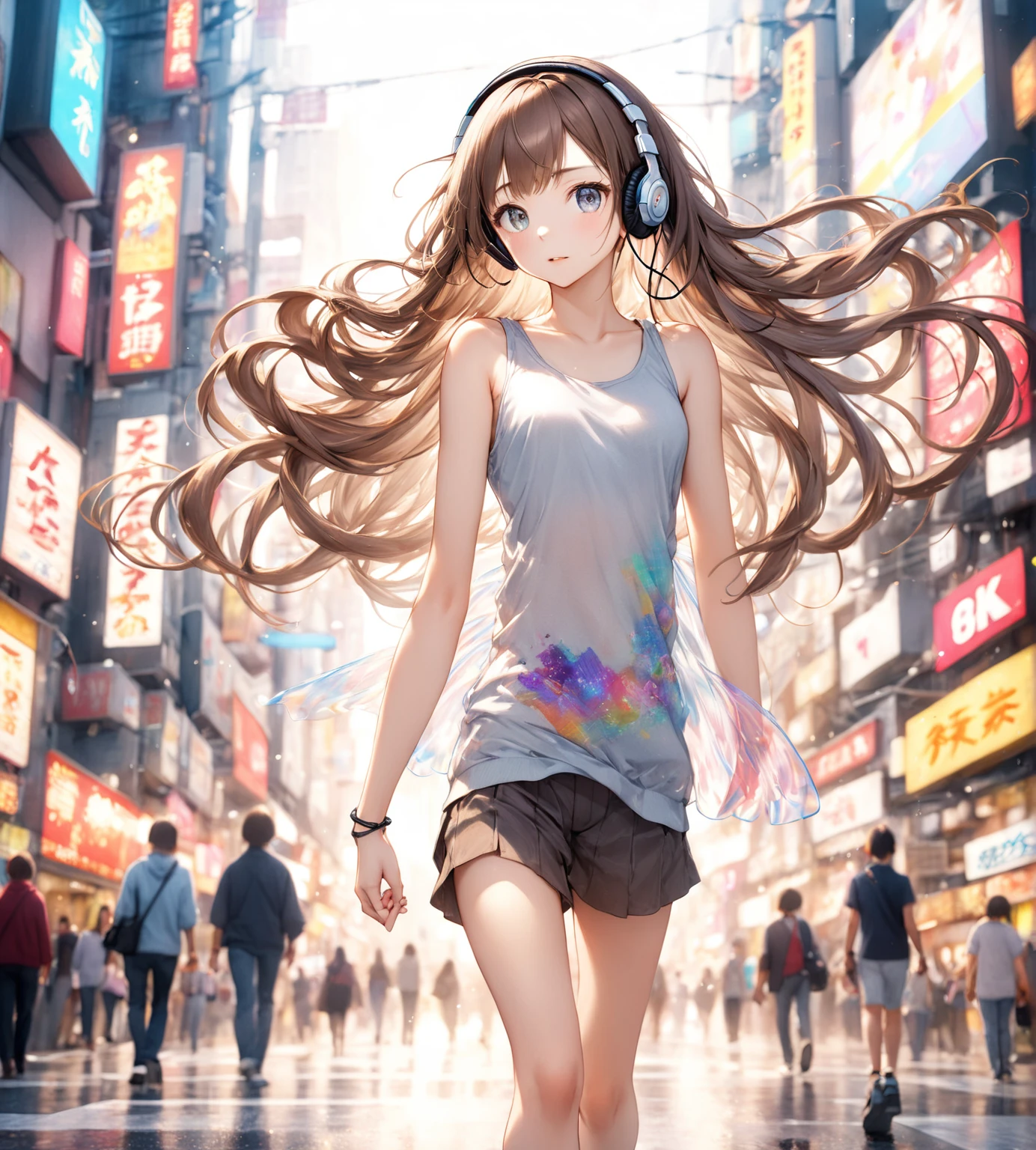 (Highest quality,8k,32K,masterpiece,Ultra-high resolution :1.2 ),born,One girl,Super cute,Natural light,Clear, shining eyes,20-year-old,Fair skin,A fantasy background of a Japanese Shibuya-esque electronic world,Brown Hair,Long Hair,Tank top,headphone,Walking,Her hair is fluttering
