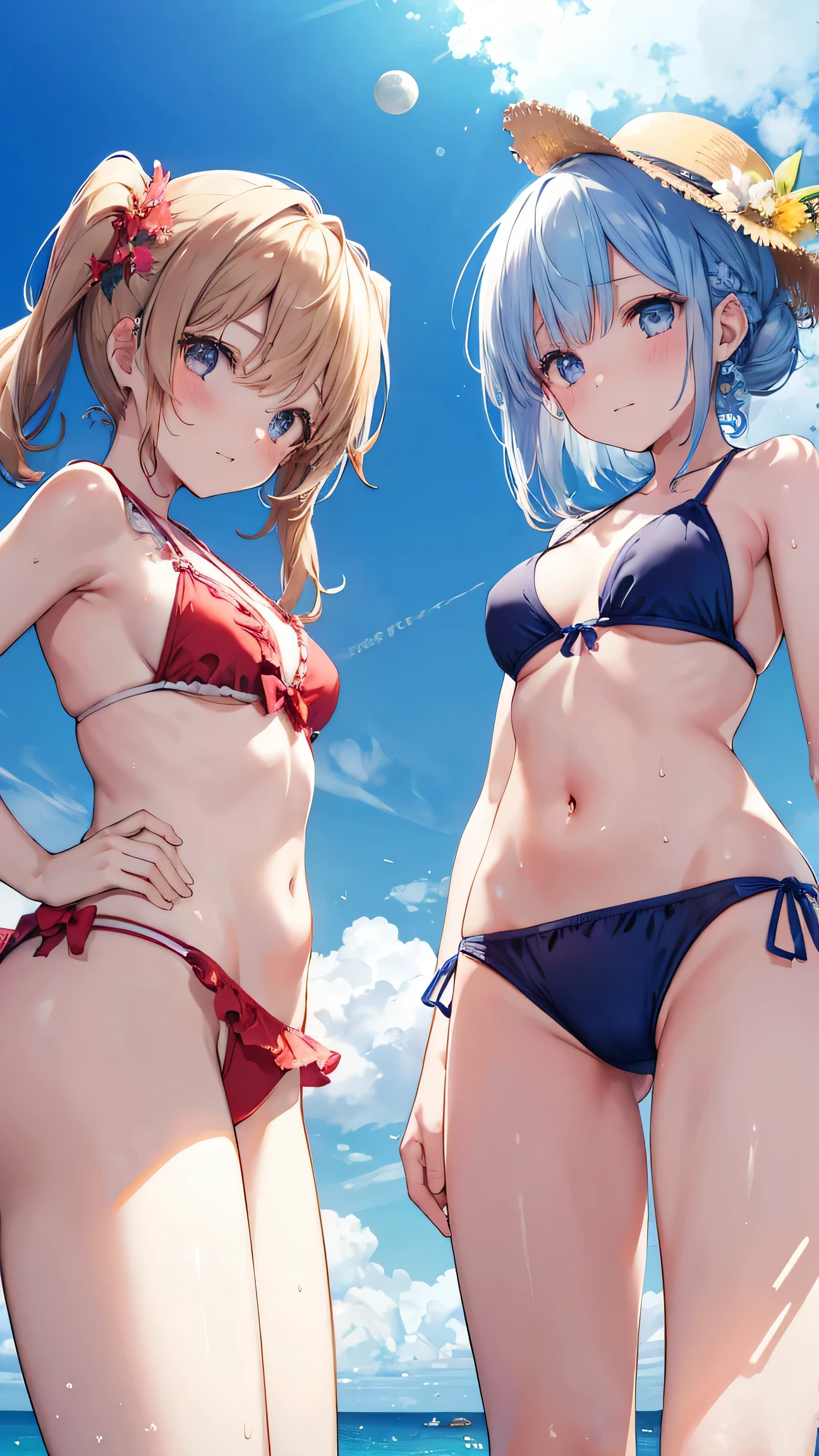 High resolution，Swimwear、Two Girls、Angle from below,summer,７moon,Sweat,blue sky