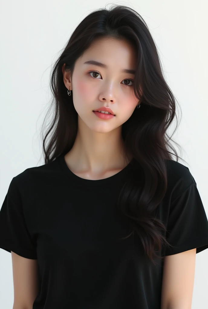 Young woman in plain black t-shirt, on a white background . complete