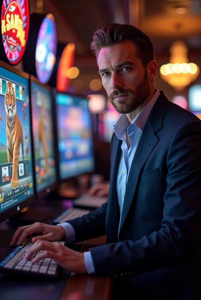 Image of well-dressed man operating computer casino games tiger or aviator showing casino game screen together
