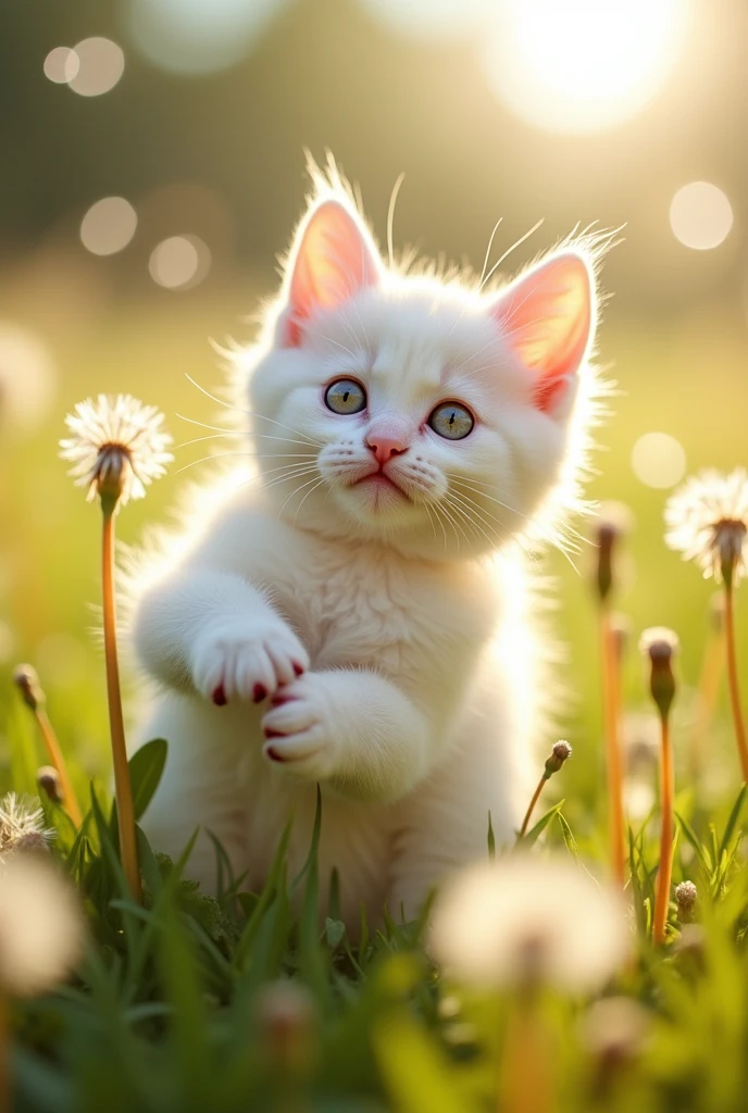 close up shot, fuzzy cute white cat playing with dandelions, paw pads, rainbow claws, rainbow, sunshine, uplifting atmosphere, (bubbles), view from below
