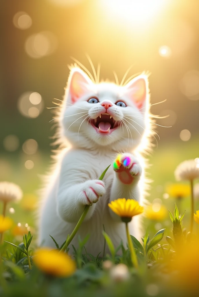 close up shot, fuzzy cute white cat playing with dandelions, paw pads, rainbow claws, rainbow, sunshine, uplifting atmosphere, (bubbles), view from below