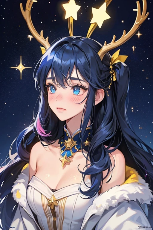 Velvet is a dark blue girl elk with a yellow-and-white star pattern across her body. she also have yellow antlers, a white muzzle, and pink ears and blushed cheeks. SPARKLE; GLITTER