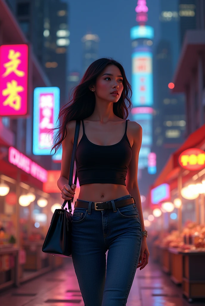 Urban Fashion Woman at Night: An Asian woman walks under the neon lights of the city, wearing a sexy black tank top and tight jeans, holding a stylish handbag, surrounded by the bustling night market and the lights of skyscrapers in the distance.