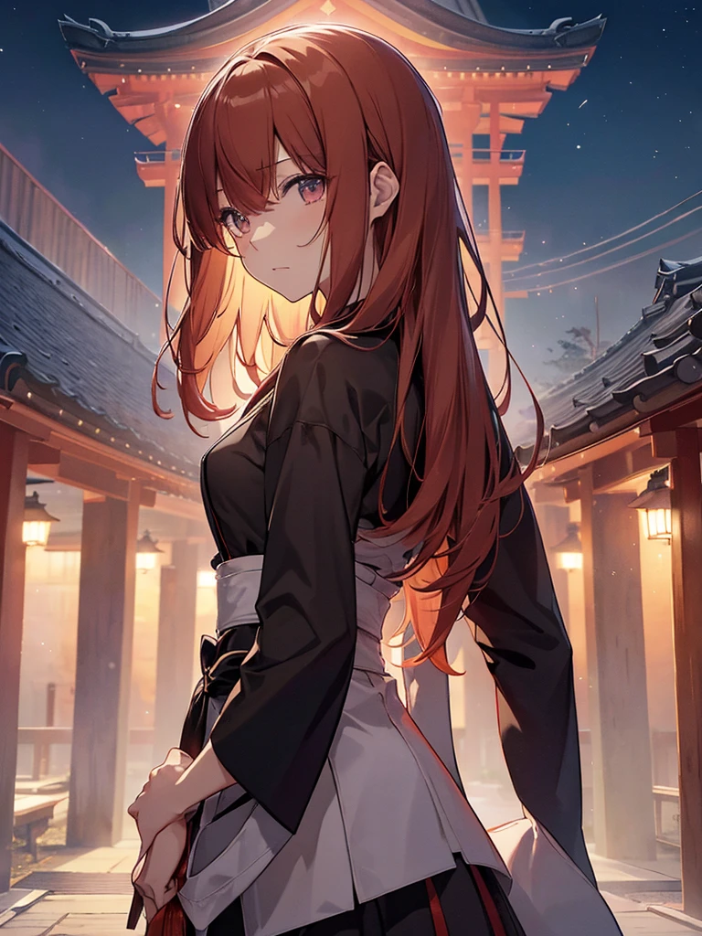 (makise kurisu, Steinsgate),(Official Art、Highest quality、Unity 8k wallpaper、32K、masterpiece、Ultra-detailed、Ultra-high resolution、Realistic、Photorealistic:1.2)、(Cinema Lighting:1.2)、Fire Glow Effect、The most grainy shadows on the film、Rim Light、Side light、(Ultra-detailedで複雑な3Dレンダリング)、細部までBeautiful Faceと目、Slender、Medium Bust、(whole body:1.2)、(Side Shot、avert your eyes:1.2)、(Mysterious、moonlight)、Highly detailed background、Beautiful Face、Beautiful girl、(Ultra-detailedなスキン、Detailed skin texture:1.3)、Japanese garden、Cowboy Shot、Tree with red leaves on the background of the tower々, Japan at Night, Japan Tourism, Japan Deeper Journey Exploration, Japanese Temples, Pagoda, at night!!, Set it to night, at night!, Beasts, Vivid!!, Japan at Nightの街, panoramic, Ancient Japanese architecture, by Torii Kiyomasu II, November, Kyoto Japan Setting