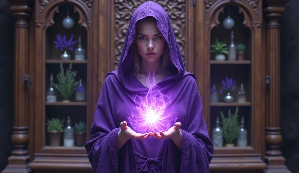 woman with violet priestess cloak, from within your chest and third eye comes a great violet flame, convey depth, in the background a cupboard with various aromatic herbs, Lavender, Rosemon, salvia, 
