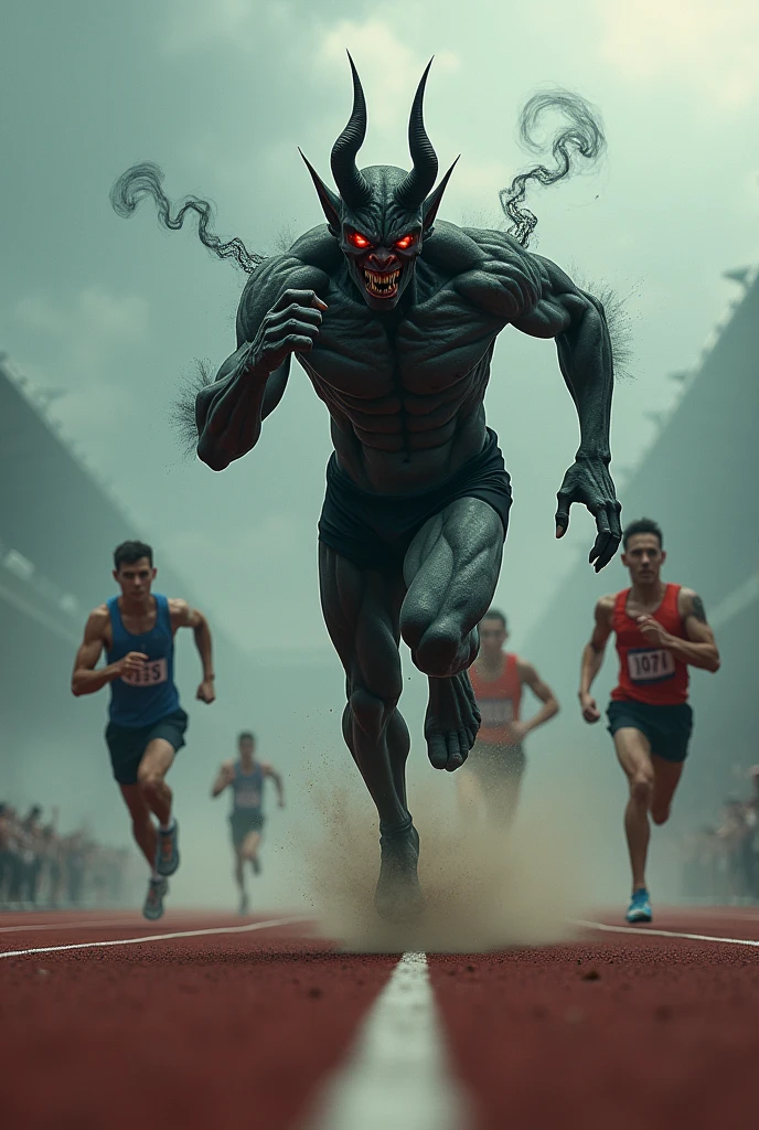 Demon crossing the finish line first in a race and the other runners behind them sad