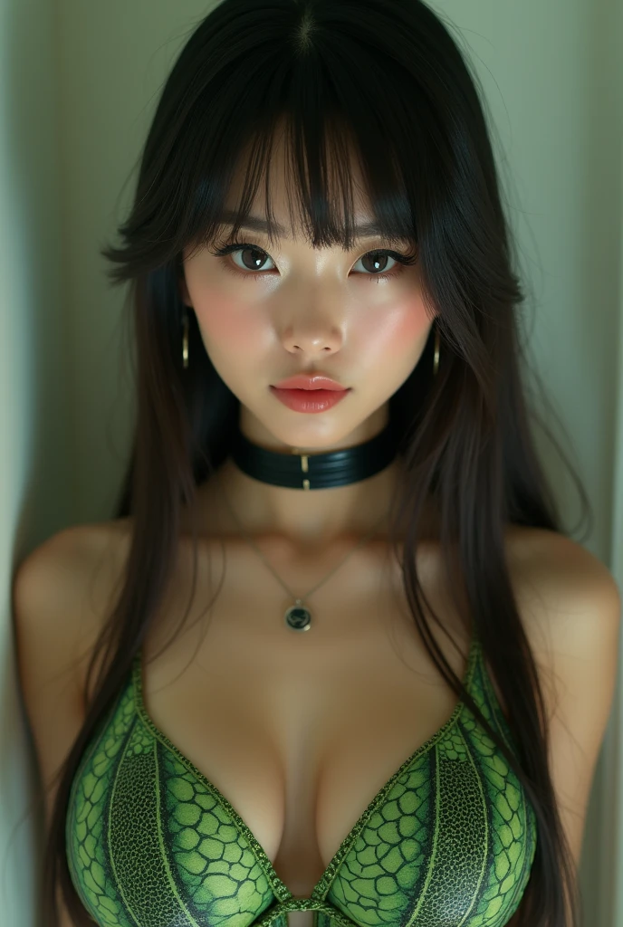 Highest quality, sf, ((Beautiful Asian girl with snake skin, Monster Woman, Completely naked)), Straight long brown hair, bangs, Cowboy Shot, Adorable， smile， Slim face, the body is slim， 32K, masterpiece, Best image quality，Ultra-high resolution，Black choker、Almond Eye、bangs、Very thick and long eyelashes, Big Breasts, (Green scaly skin, Clothes:-2)