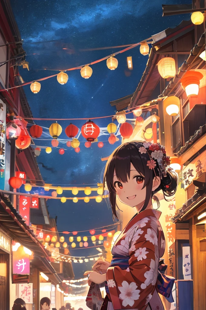 yukata, Summer festival, childhood friend, stall, Lantern, firework, smile, Festive, Light, Bright colors, Props, Fluorescent Bandana, Domestic, Night Sky, 夏のfirework, Lively, toy, yukata pattern, setting, Vivid, beautiful, enjoy, Friendship, joy, Festival atmosphere, moment, childhood friend in yukata, summer night, colorful, Fun moments, smile shining