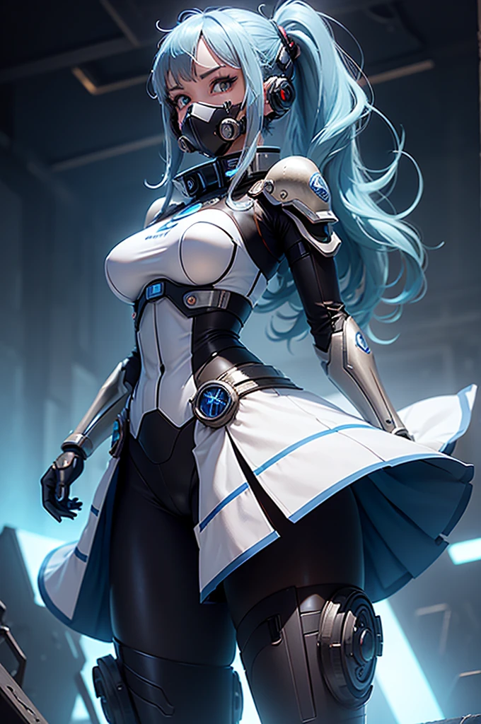 View from below angle from below girl mecha half cyborg, modifications, She has a curvy figure but a narrow waist., she has long blue hair, with blue eyes, with a gas mask on his face, cybernetic suit blue, costume parts with blue lights and LEDs, a multitude of glowing blue lines and lights, hands prosthetics, gorgeous body, short sports shorts that highlight her big wide hips, but it is covered by a mechanical suit, flat horizon photo, anime style pictures, на backgroundе изображения синее небо, clouds and lights and glare in large quantities, and also blue fog and smoke , background: blue sky with clouds