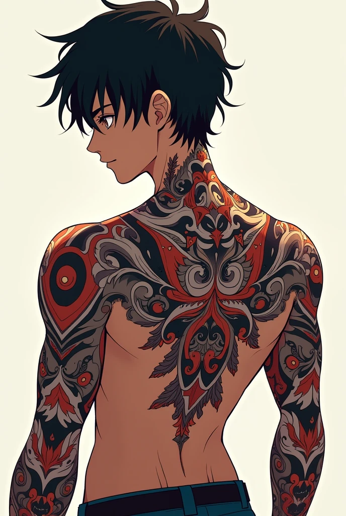 Anime boy with symmetrical tattoos on the back, like Sukuna