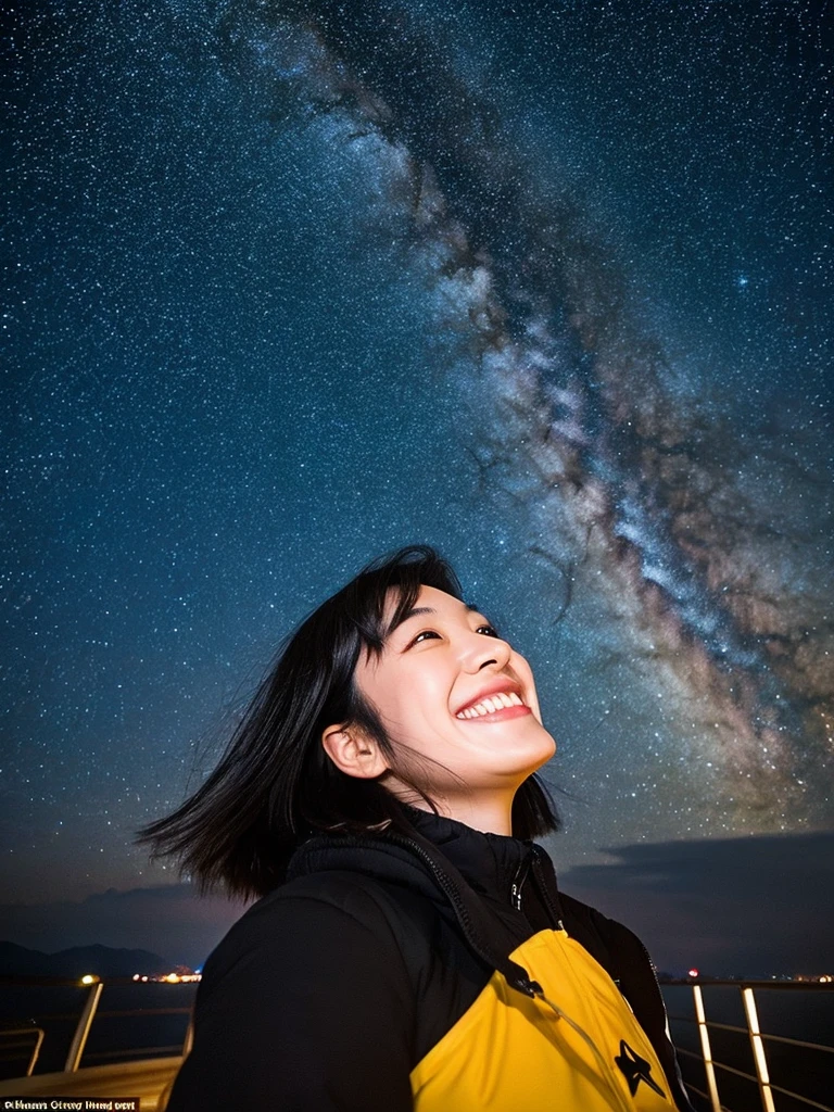 A black-haired Japanese woman looking up at the starry sky, smiling broadly at the observation deck on Mount Rob Hair