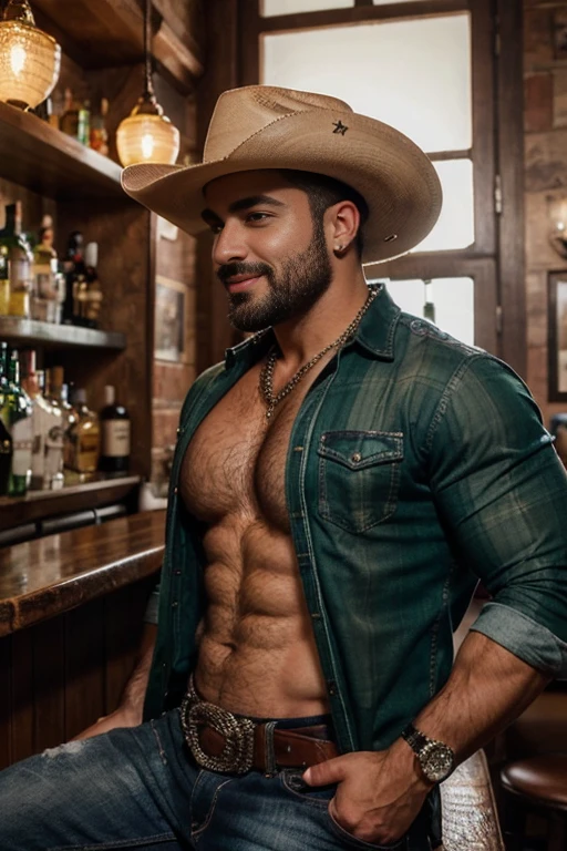 (((HdR))) ((( toma de espaldas, ))) handsome arabe man burly bodybuilder close up in tight studded jeans, strong muscular legs , with a green plaid shirt and cowboy hat, Ultra realistic masterpiece high detail 8k large belt buckle , Profile con joyería de oro y brazaletes fondo de estudio con bigote , smiling chain necklace chubby, Bear, (Profile), (25 years ) perfect eyes and hands ((( perfect face))) hairy chest, in the bar
