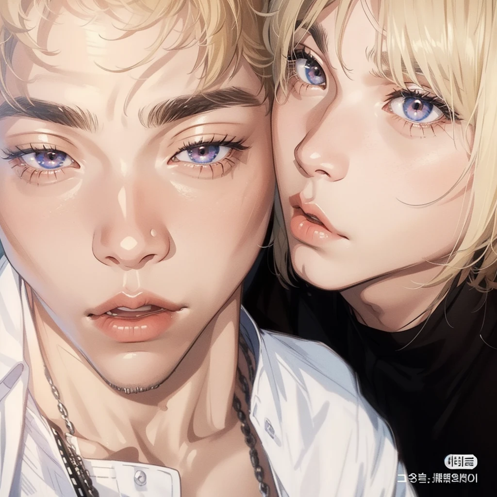 there is a man looking forward, taehyung, kim taehyung, taehyung bts, with Jeon jungkook, short straight blonde hair, strong, Anton, handsome young man, 18 years old,