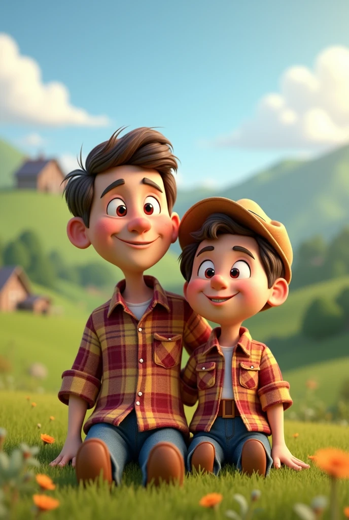 3D cartoon image of a country father and son sitting in a plaid shirt