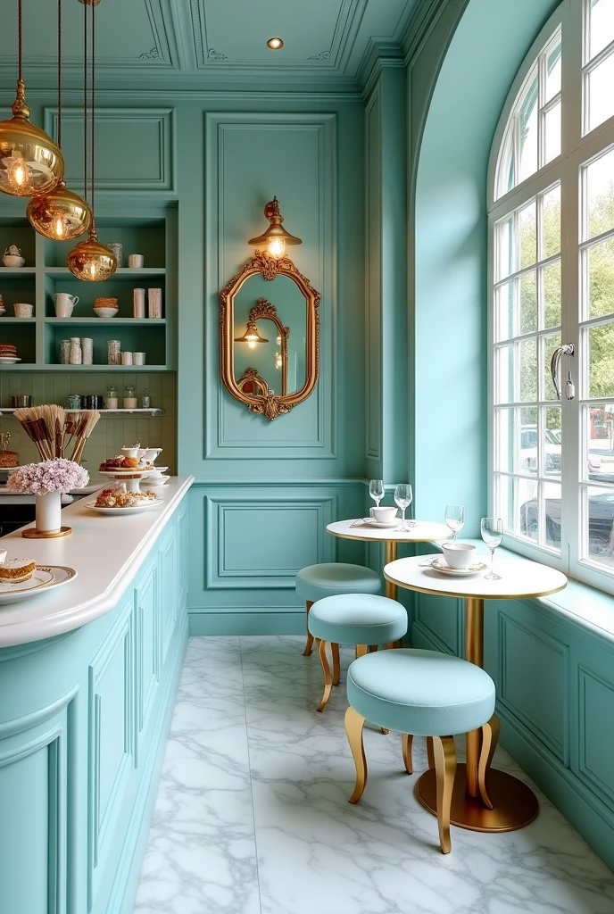 Imagine an elegant bakery with the following features:
Paredes: Azul Tiffany suave, creating a calm and sophisticated environment.
detaileds: detaileds em dourado, like mirror frames, pendant lamps and window decoration, for a touch of glamour.
Furniture: White tables and chairs, with upholstery that matches Tiffany blue and gold touches in details such as feet or buttons.
shopwindows: shopwindows brancas com acabamentos dourados, displaying a variety of elegantly decorated sweets.
Accessories: Touches of gold on objects such as trays, utensils and maybe even a coffee area with white cups with gold details.