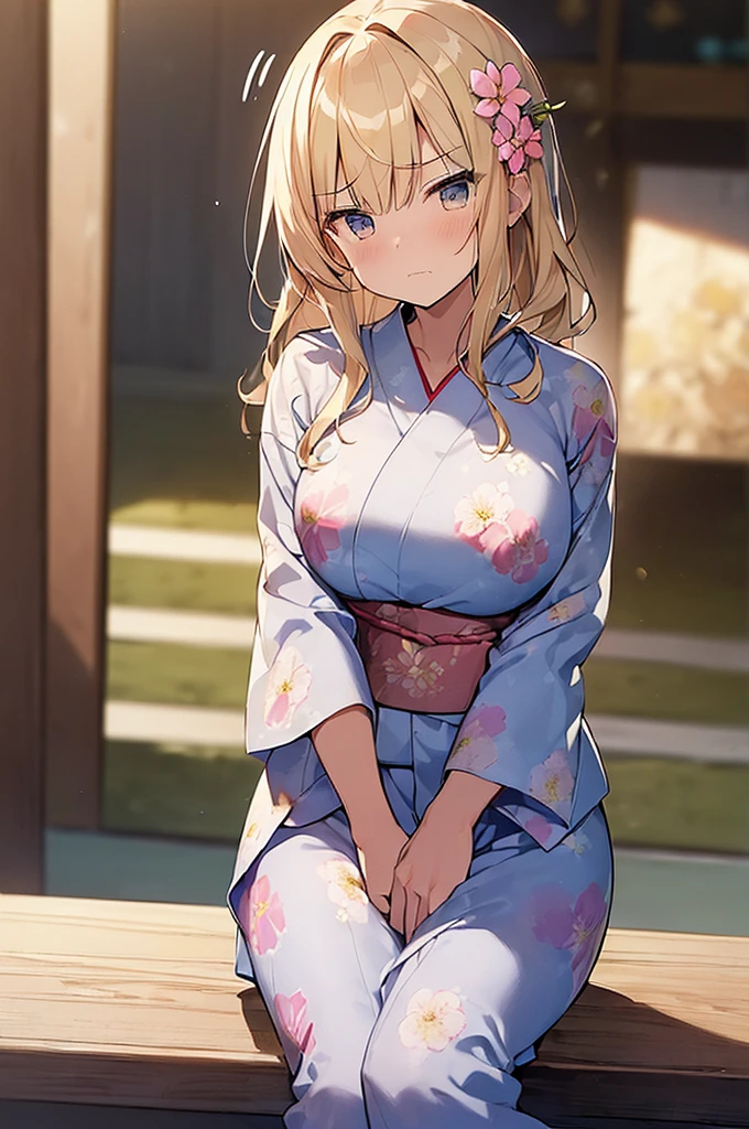 (Masterpiece, Top quality:1.5), (from front:1.2), 1 beautiful girl, solo, sitting, Blonde, medium Hair, wavy Hair, asymmetry bangs, swept bangs, airy hair, large breasts:1.4, 16 year old, (flower printed yukata :1.3), (angry:1.2), flustered:1.3, beautiful scene of narrow Alley, blurry background, magnificent panorama view, blurry background