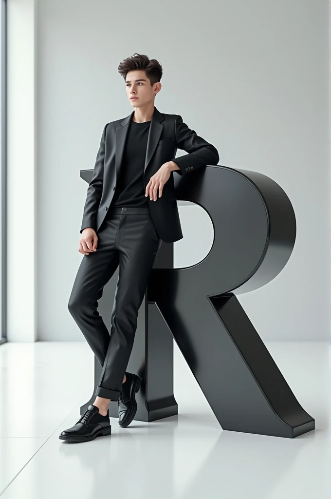 @🐸🔪!! টুনির জামাই!!🔪🐸:@Ariyan Emon:Create an image featuring a large, glossy, “R” 3D letter in the foreground with a boy leaning casually against it. The person should be dressed in stylish, monochromatic clothing and have