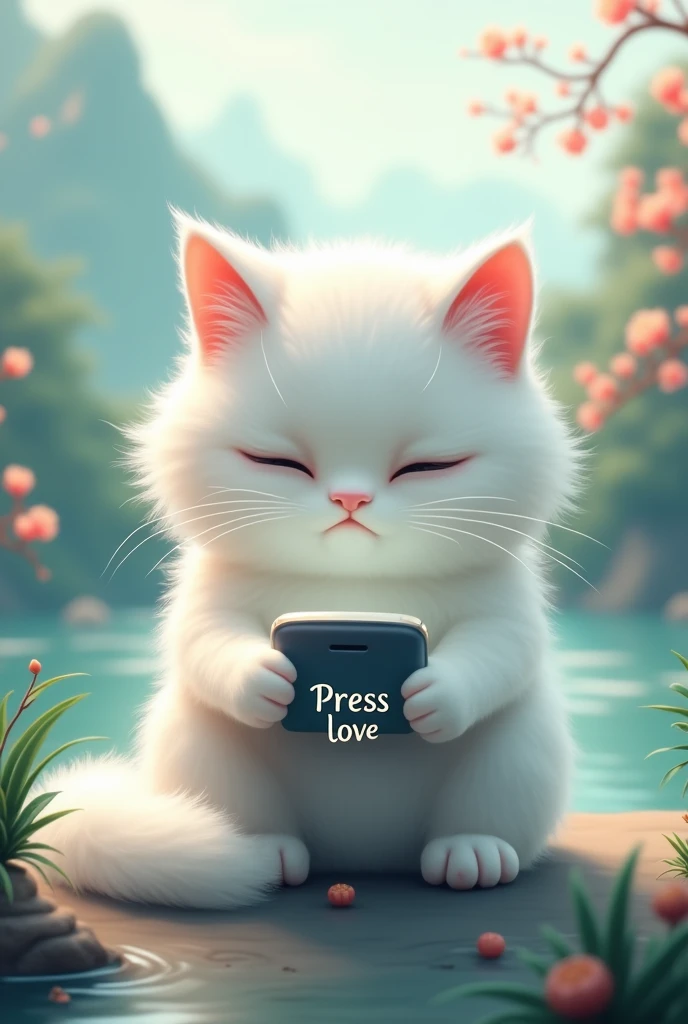 A white cat who loves to show off her presence,sad expression,Cat holding mobile phone,拿著Press love on mobile phone,Press love on mobile phone,background chinese style,Mountains and rivers
