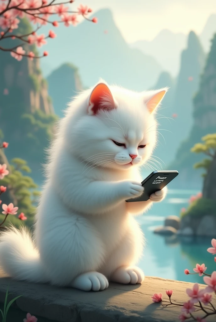 A white cat who loves to show off her presence,sad expression,Cat holding mobile phone,拿著Press love on mobile phone,Press love on mobile phone,background chinese style,Mountains and rivers