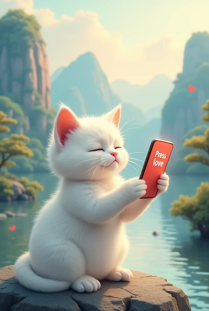 A white cat who loves to show off her presence,sad expression,Cat holding mobile phone,拿著Press love on mobile phone,Press love on mobile phone,background chinese style,Mountains and rivers