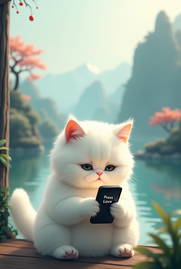 A white cat who loves to show off her presence,sad expression,Cat holding mobile phone,拿著Press love on mobile phone,Press love on mobile phone,background chinese style,Mountains and rivers