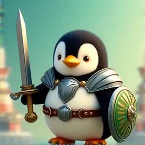 Cute penguin with green scooter, sword and shield for war