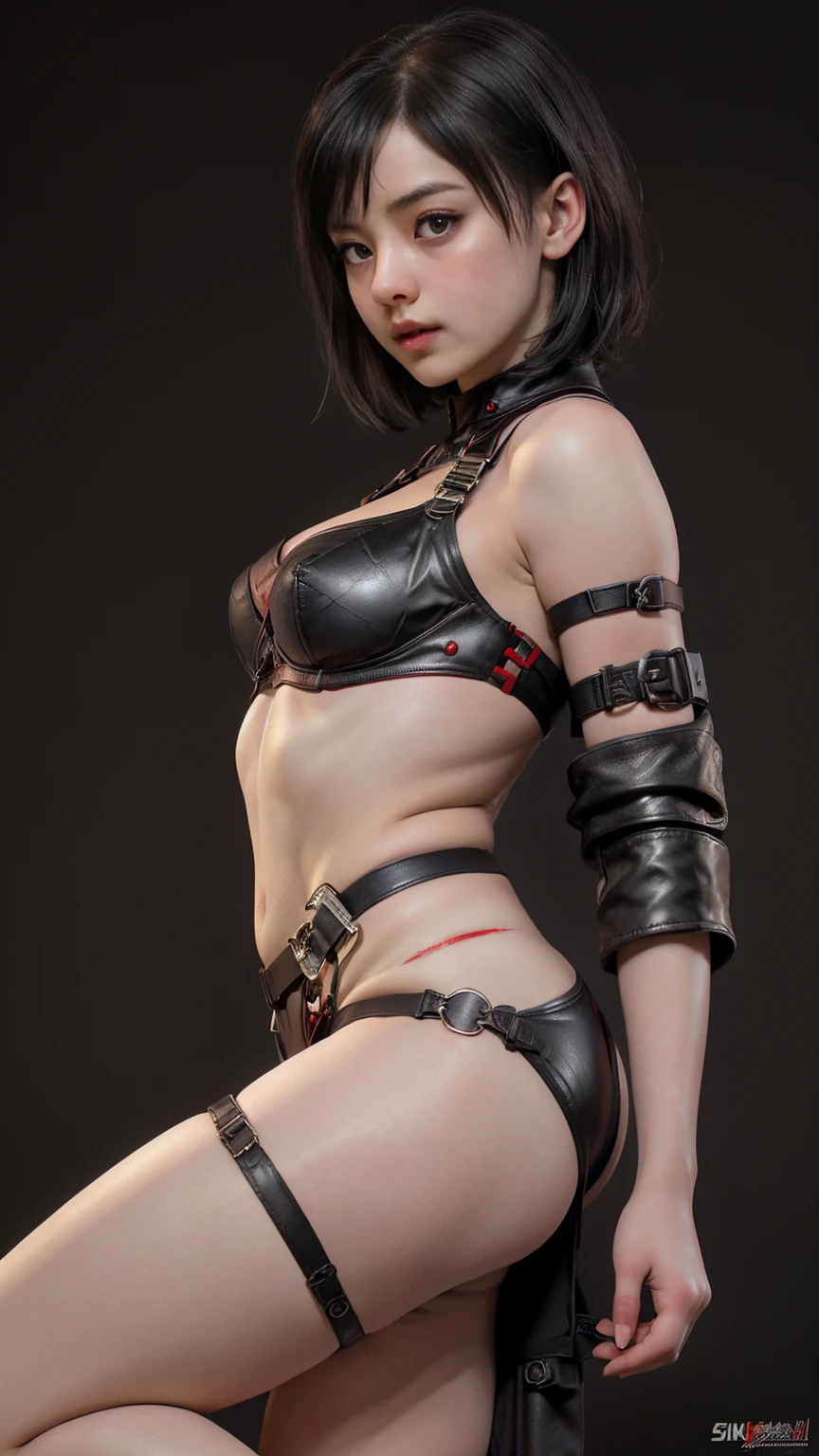 "((Highest quality,16K,High resolution,masterpiece:1.6)),Very detailedな,Very detailed,(Realistic,photoRealistic,photo-Realistic:1.37), (Huge and stunning goddess shot, Very hot and sexy,((short hair)), Great beauty, Perfect balance, Beautiful body,( Red and black cyberpunk costume:1.5), ((White skin:1.5)), Slim body beauty: 1.4),there is a woman in a red bikini and black leather Harness,Wear professional clothing and protective equipment, I rode a lot, Harnesses and garters, Wearing a sexy crop top, Funny costumes, Post-apocalyptic atmosphere, Very sexy devil costume, Cyberpunk Angry Gorgeous Goddess, skintight red leather armor, Harness, Soft indirect lighting in the studio,((Delicate artwork on a dark grey background))、((A beautiful figure that stands out against a dark background))、