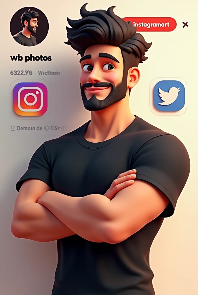Create a 3D illustration of an animated brunette character with black hair standing with arms crossed casually next to a social media logo "instagramart". The character must wear a black t-shirt, rounded curly hair, darkskin, slightly slanted eyes, has an athletic body , beard and holding an iPhone. The background of the image is a social media profile page with the username "wb photos " and a matching profile photo.