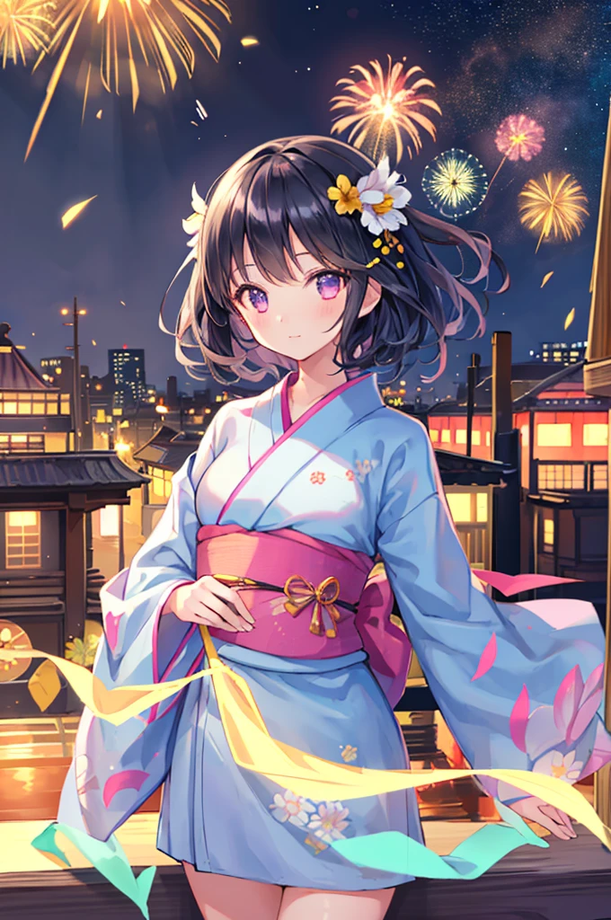 One Girl, (cute), (cute), cute, alone, change, ((Tabletop)), ((Highest quality)), Nice views, yukata, Black Hair,Iris,festival, firework, Wind, Wind, Happy, concentrated, hair ornaments, Upper Body, Stall,