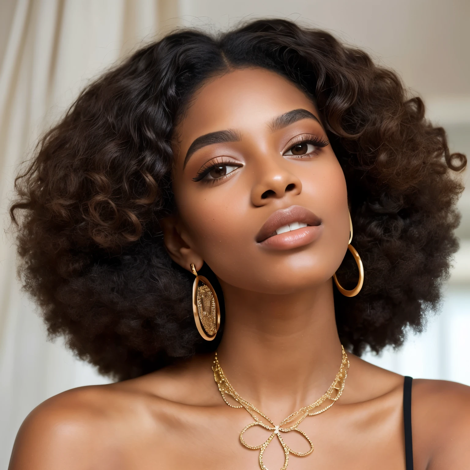 A stunning, high-resolution full-body photograph of a 20-year-old Brazilian Black influencer exuding confidence and elegance. Her breathtaking afro is the focal point, framing her large, expressive eyes and long eyelashes. The influencer wears minimal, natural makeup, showcasing a flawless nude lipstick that complements her effortless, chic style. She dons elegant gold hoop earrings and a delicate necklace, embodying refined sophistication. The clean backdrop and soft, natural lighting accentuate her radiant brown skin, solidifying her reputation as an influential fashion icon. The photograph captures a cinematic essence, making it an unforgettable, inspiring image.
